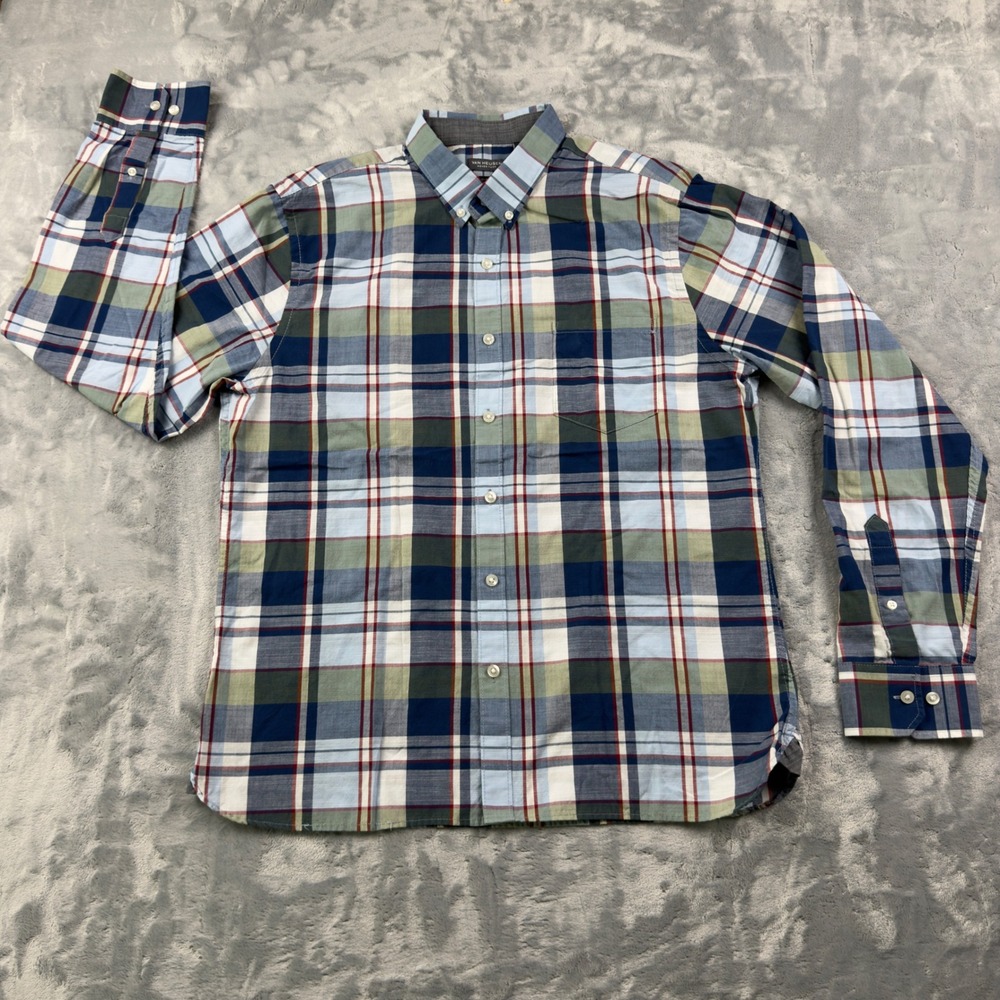 Van Heusen Never Tuck Slim Fit Plaid Button Down Shirt Mens Large Blue Green